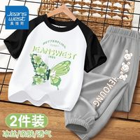 真维斯女童套装夏季短袖防蚊裤两件套小女孩纯棉薄款上衣清凉长裤 插肩袖黑色THE91 120