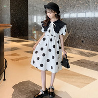 柚一杉女童夏装连衣裙2023新款女孩中大童洋气舒适波点短袖娃娃领公主裙 黑白色 150建议身高145cm左右