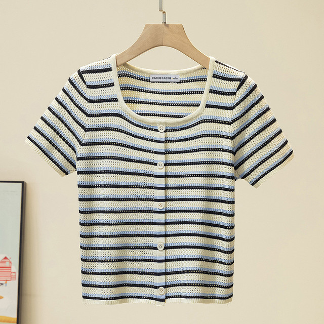 CACHE CACHE U领显锁骨条纹冰丝针织衫夏季薄款修身显瘦设计感T恤
