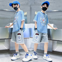 诺佳微淇童装男童套装2023夏季新款儿童衣服休闲运动5-15岁中大孩子两件套 蓝色 120码