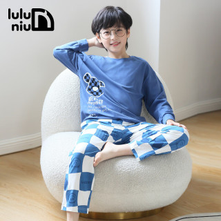 噜噜牛（LULUNIU）春季儿童睡衣男童春秋纯棉长袖圆领大童男孩家居服套装 蓝色-13009 170cm(M码建议身高160-165)