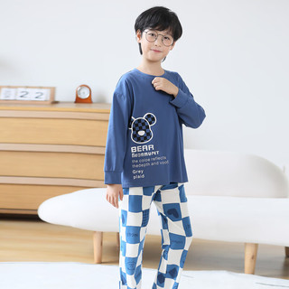 噜噜牛（LULUNIU）春季儿童睡衣男童春秋纯棉长袖圆领大童男孩家居服套装 蓝色-13009 170cm(M码建议身高160-165)