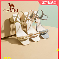 CAMEL 骆驼 女鞋夏季新款粗跟高跟鞋一字扣带舒适圆头真皮凉鞋女夏款