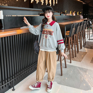 童心觅（TONGXINMI）童装女童套装春装新款两件套4-12岁儿童卫衣女孩衣服中大童牛仔裤 米白卫衣+绿色裤子 150(建议身高145左右)