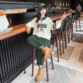 童心觅（TONGXINMI）童装女童套装春装新款两件套4-12岁儿童卫衣女孩衣服中大童牛仔裤 米白卫衣+绿色裤子 150(建议身高145左右)