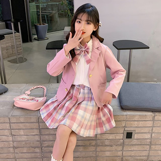 贝孩趣女童jk套装2023新款春秋洋气炸街学院风衬衫开衫春装儿童三件套裙 粉色三件套 160码(建议身高145-155厘米)