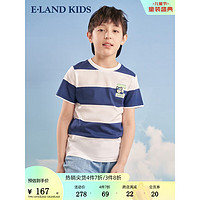 E·LAND KIDS童装2023年春夏男童时尚条纹印花圆领短袖T恤 Navy藏青色59 170cm