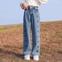 优优1点春秋女童阔腿牛仔裤儿童直筒裤休闲裤宽松春装大女孩裤子 1468蓝色春秋 120cm