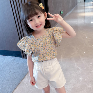 七语欣童装女童套装夏装2023新款时髦洋气小女孩儿童碎花短袖短裤两件套 黄色 90码建议身高80-90cm(1-2岁)