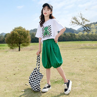 柚一杉女童短袖套装2023新款夏装洋气韩版网红中大童女孩运动宽松两件套 绿色 140(建议身高135左右)