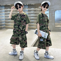 贝孩趣童装儿童迷彩服男童套装夏季学生短袖衣服夏令营迷彩服装演出班服 绿色短裤套装 130码(建议身高115-125厘米)