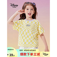 迪士尼（Disney）童装女童针织短袖t恤棉2023新款夏季衣服宝宝儿童可爱半袖上衣 黄白格子 100