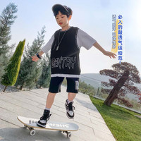 ZOSEE 左西 男童套装夏季2023儿童运动服两件套快干假两件短袖套装 黑色 120