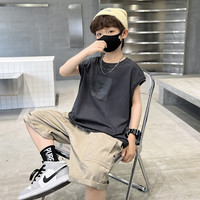 AN儿童装男童夏装套装2023新款中大童夏季男孩帅气炸街无袖背心时髦 灰色 140码(建议身高135cm左右)