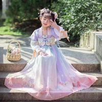 九能汉服儿童女春夏款仙气古风唐装襦裙中国风女童公主裙超仙中大童 长渐变紫+发饰礼品 130