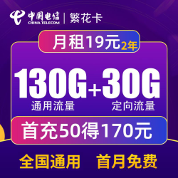 CHINA TELECOM 中国电信 繁花卡  两年期19元月租（130G通用流量+30G定向流量）