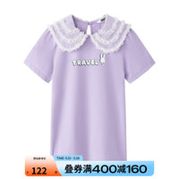 Annil安奈儿童装女大童翻领短袖T恤2023年夏装新款花边甜美舒适上衣 石楠紫 110cm