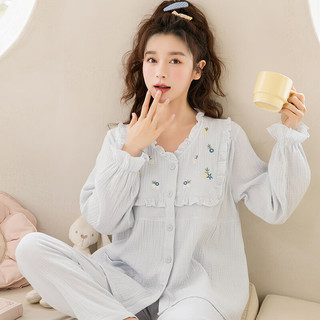 家の时光（Ht-home）月子服纯棉春夏季薄款纱布孕妇睡衣女怀孕期产妇产后哺乳衣家居服 卡其浅蓝 M码 推荐105-125斤