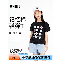 Annil 安奈儿 童装女大童圆领短袖T恤2023年夏装新款可爱花朵烫画舒适休闲上衣 黑色 110cm