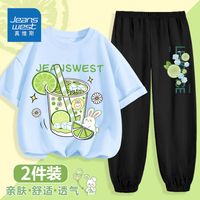 真维斯女童夏装套装儿童洋气时髦短袖裤子中大童夏季薄款休闲衣服 水蓝黑ais960 110