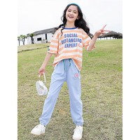 柚一杉女童夏装套装新款洋气条纹短袖中大童女孩运动夏季防蚊裤两件套潮 橙白色 120(建议身高115左右)