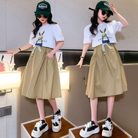 柚一杉女童夏装套装2023新款网红洋气女孩衣服薄款中大童裙子两件套夏季 卡其色 120(建议身高115左右)