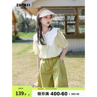 朱阿姨女童夏装2023新款套装学院风学生韩范童装女孩大童短袖短裤两件套 绿色 170