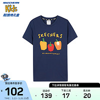 Skechers斯凯奇T恤男女童上衣2023新款时尚印花夏季大童短袖童装L223K028 中世纪蓝/007D 150cm