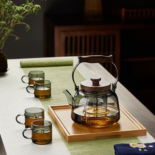 绿昌明玻璃蒸煮一体茶壶加厚耐热提梁烧水壶电陶炉两用双胆功夫茶具套装 墨色 云香蒸煮一体提梁壶 1030ml