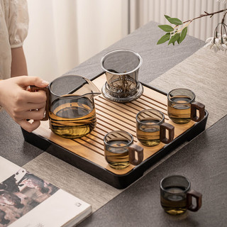 瓷牌茗茶具（cipaiming teaset）玻璃茶具套装小型家用茶盘茶水分离泡茶壶木把耐高温防烫功夫茶杯 青灰合欢泡茶壶+胡桃把杯4个