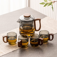 瓷牌茗茶具(cipaiming teaset)玻璃茶具套装小型家用茶盘茶水分离泡茶壶木把耐高温防烫功夫茶杯 青灰合欢泡茶壶+胡桃把杯4个