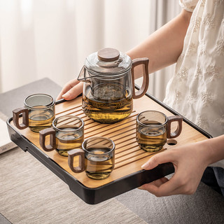 瓷牌茗茶具（cipaiming teaset）玻璃茶具套装小型家用茶盘茶水分离泡茶壶木把耐高温防烫功夫茶杯 青灰合欢泡茶壶+胡桃把杯4个