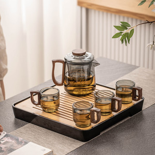 瓷牌茗茶具（cipaiming teaset）玻璃茶具套装小型家用茶盘茶水分离泡茶壶木把耐高温防烫功夫茶杯 青灰合欢泡茶壶+胡桃把杯4个