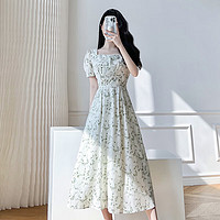 品彩 碎花短袖连衣裙女夏气质优雅方领温柔中长裙a字裙 P132Q1381