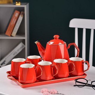 SDX北欧水具茶具 套装 家用整套轻奢客厅陶瓷简约茶壶茶杯水杯子托盘 大红宝石