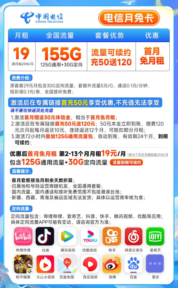 CHINA TELECOM 中国电信 月兔卡 19元月租（125G通用+30G定向流量+送30元话费）