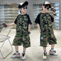 贝孩趣童装儿童迷彩服男童套装夏季学生短袖衣服夏令营迷彩服装演出班服 黑色短裤套装 110码(建议身高100-105厘米)