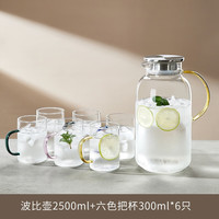 青苹果 QINGPINGGUO)家用耐高温冷水壶大容量玻璃凉水壶冷泡茶壶白开水杯装水扎壶套装 波比壶2500ML+六色杯