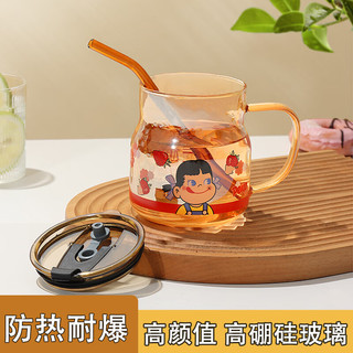 BAIJIE 拜杰 高硼硅牛奶杯早餐杯水杯杯子小女孩玻璃水杯带盖带吸管500ML