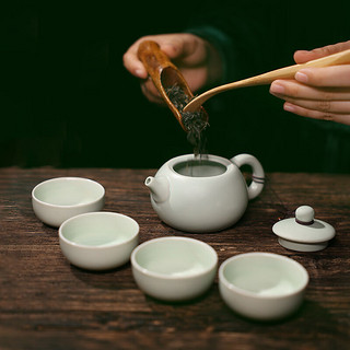 陶煲王陶瓷茶具套装一壶四杯公道杯子便携式旅行茶具泡茶壶水杯 天青（一壶四杯）