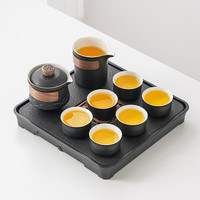 琦轩源功夫茶具套装家用防烫盖碗手抓壶茶盘茶杯客厅泡茶神器小泡球茶具 黑陶海浪手抓壶8件套+岩荷茶盘