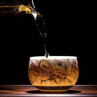 鑫璟仁高档羊脂玉瓷手工描金单杯主人杯品茗杯子家用功夫茶杯送礼盒 水墨长城