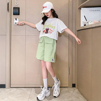 柚一杉女童夏装套装2023新款儿童时髦洋气夏季短袖中大童网红短裤两件套 黄绿色 120(建议身高115左右)