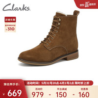 Clarks其乐女鞋时尚复古加绒低跟马丁靴女靴中筒靴 浅棕色毛绒内里261619084 37