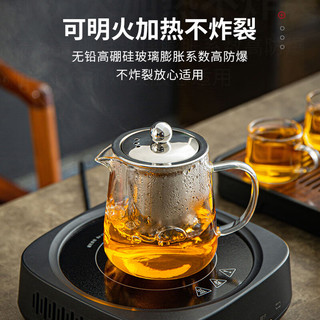 天喜（TIANXI）玻璃茶壶泡茶壶茶水分离茶杯耐高温加厚茶具套装家用水壶单壶 450ml壶+小把杯6+36cm乌金石茶盘