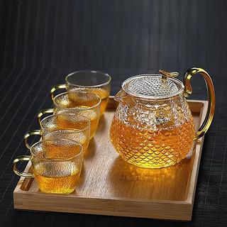 宣室堂泡茶壶玻璃茶具套装煮茶器茶水杯子耐热锤纹过滤网加厚带把手茶壶 2只120毫升龙香杯