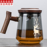 古德窑玻璃泡金山茶杯带盖过滤水杯男士恒温垫简约大容量茶水分离杯子 灰玻-雅致《一鹿有你》三件杯