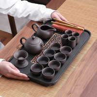 豪峰 整套功夫原矿紫砂茶具套装家用瓷石茶盘托盘茶台茶杯茶具配件 黑色瓷石茶盘紫色茶具套装