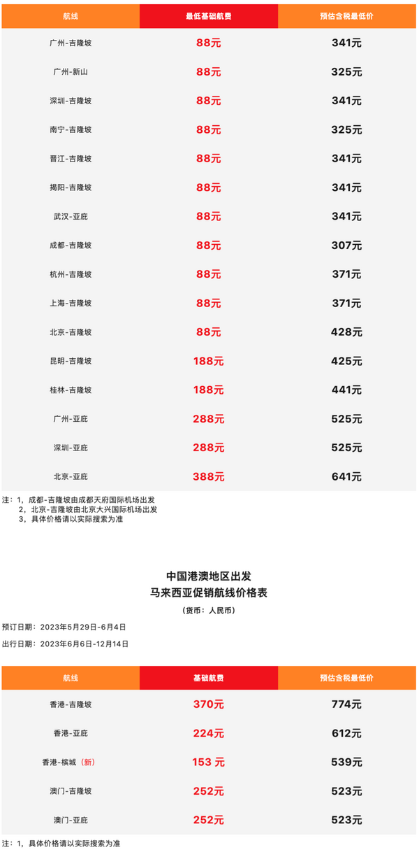 有效期至12.14！含暑假、国庆！亚航 全国多地-马来西亚多地机票88元促销