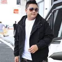 卡度顿春秋特大码工装连帽夹克男加肥加大潮胖子男装风大衣肥佬宽松夹克男韩版休闲帅气超大号外套男 黑色常规 4XL建议175斤-195斤